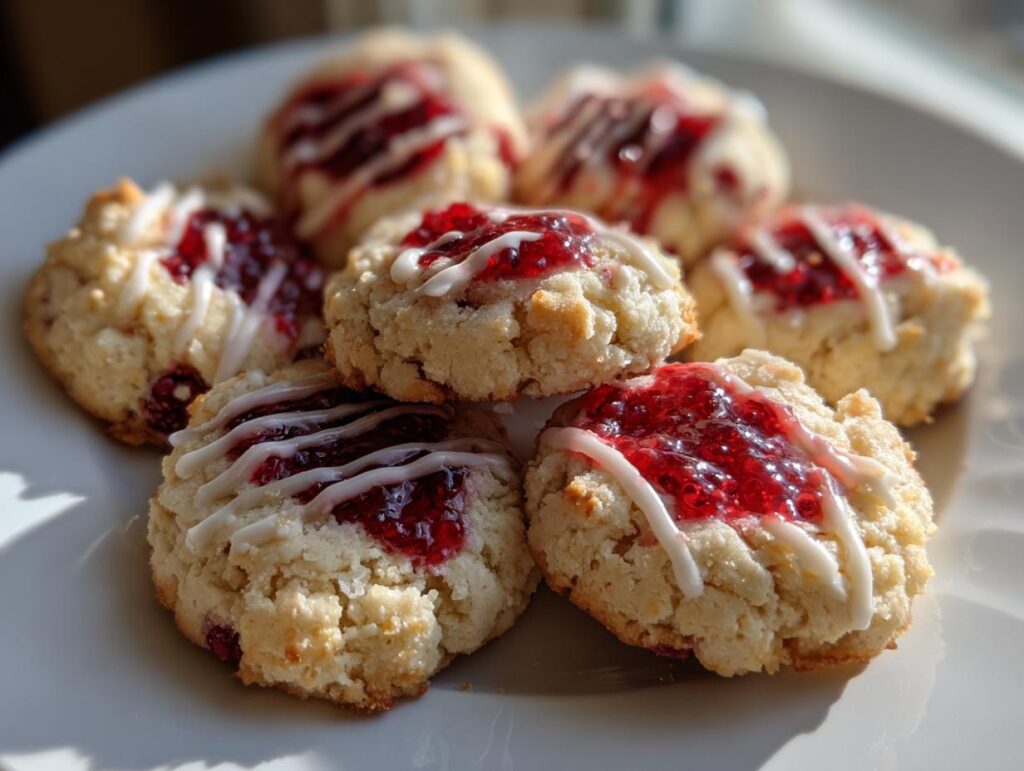Close-up of delicious Raspberry Thumbprint Cookies with Icing, featuring a jam-filled center and drizzled icing.