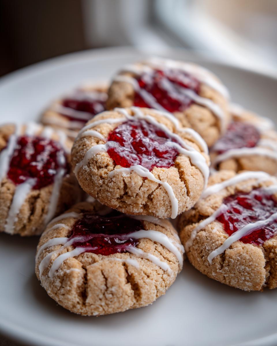 A close-up of several Raspberry Thumbprint Cookies with Icing, showing the jam-filled centers and drizzled white icing.