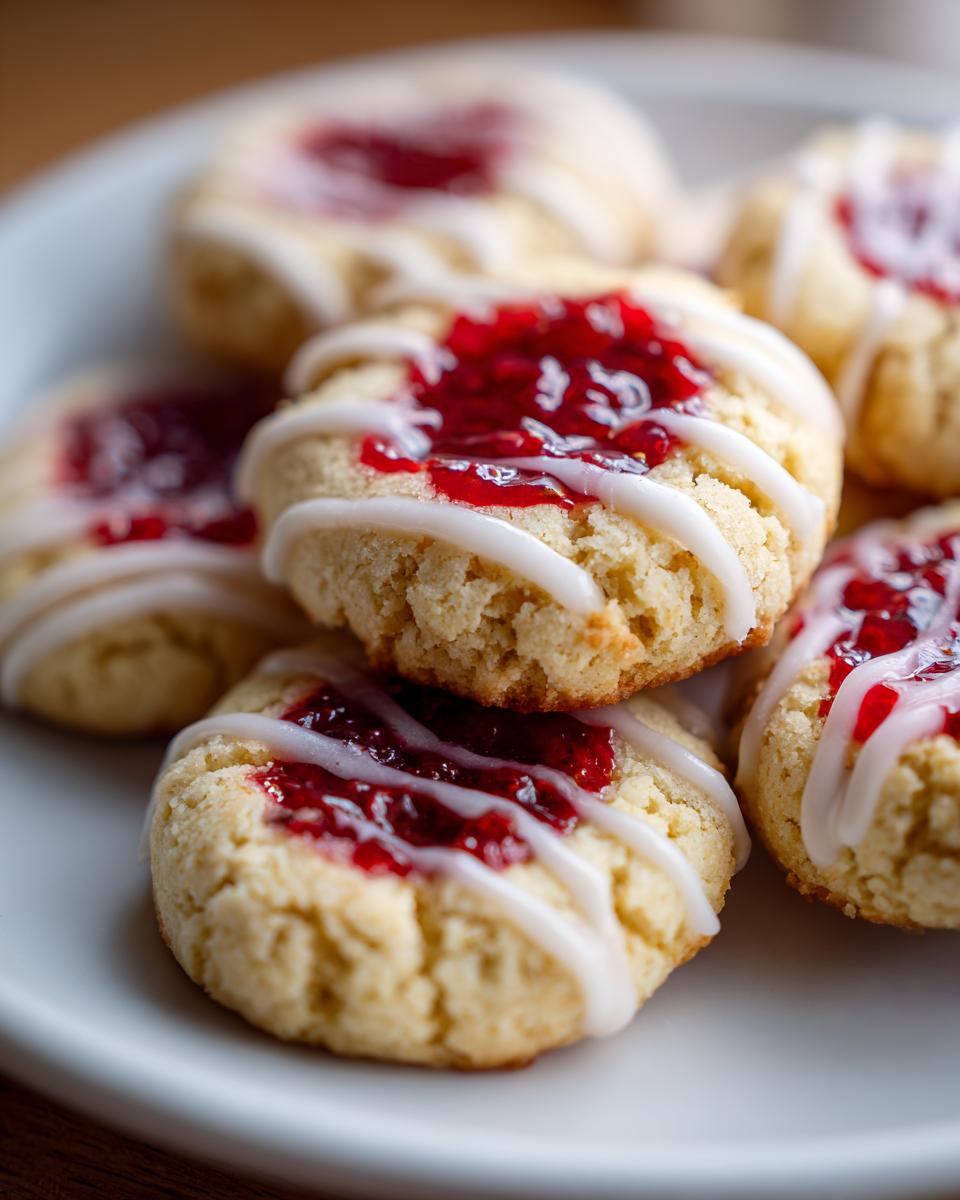 Close-up of delicious Raspberry Thumbprint Cookies with Icing drizzled on top.