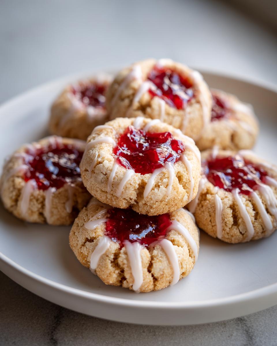 Close-up of several Raspberry Thumbprint Cookies with Icing drizzled on top, filled with bright red raspberry jam.