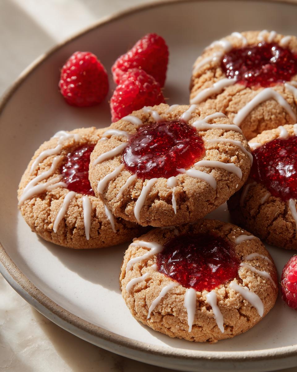 Close-up of delicious Raspberry Thumbprint Cookies with Icing and fresh raspberries.