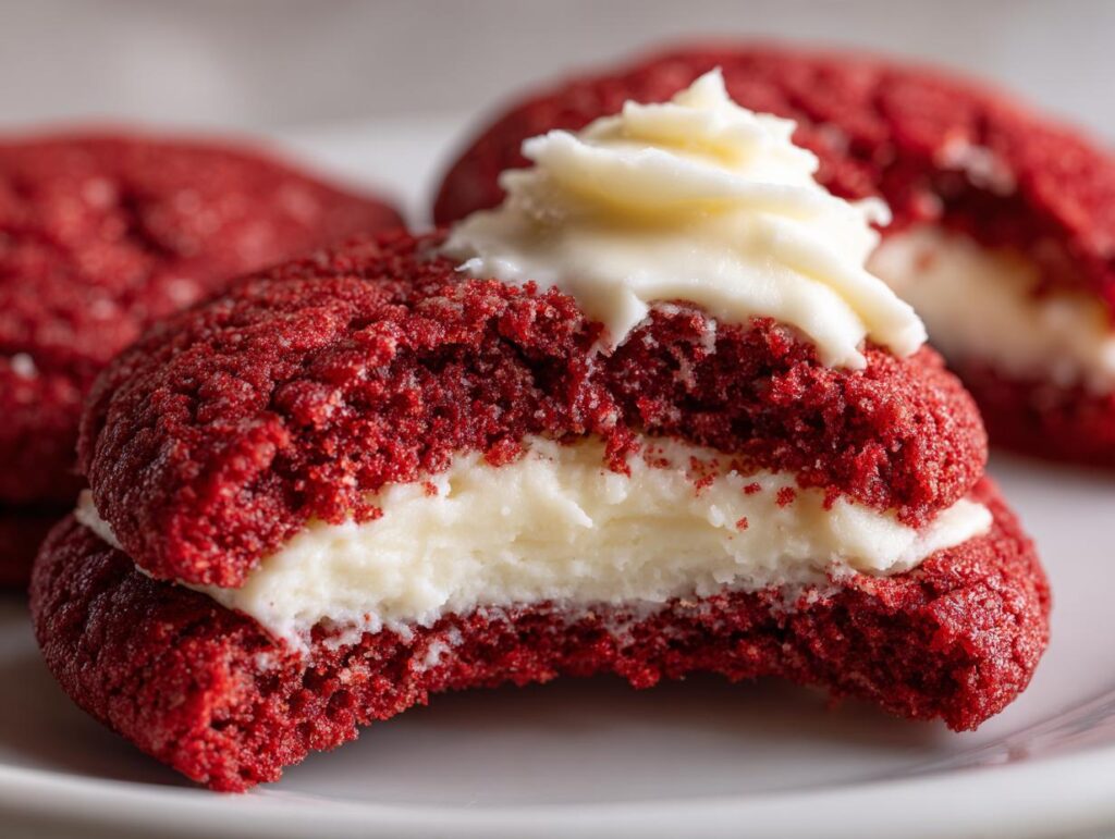 Close-up of a bite taken out of a Red Velvet Cookie sandwich filled with cream cheese frosting.