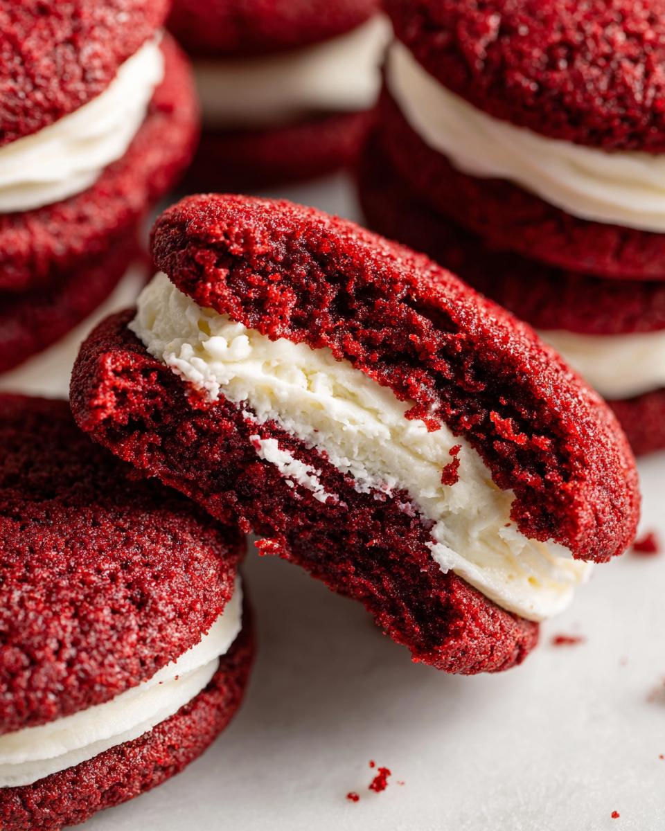 Close-up of a decadent red velvet cookie sandwich filled with creamy white frosting.