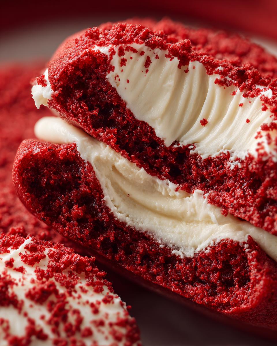 Close-up of a red velvet cookie, split open to reveal a thick layer of cream cheese filling and red velvet crumbs.
