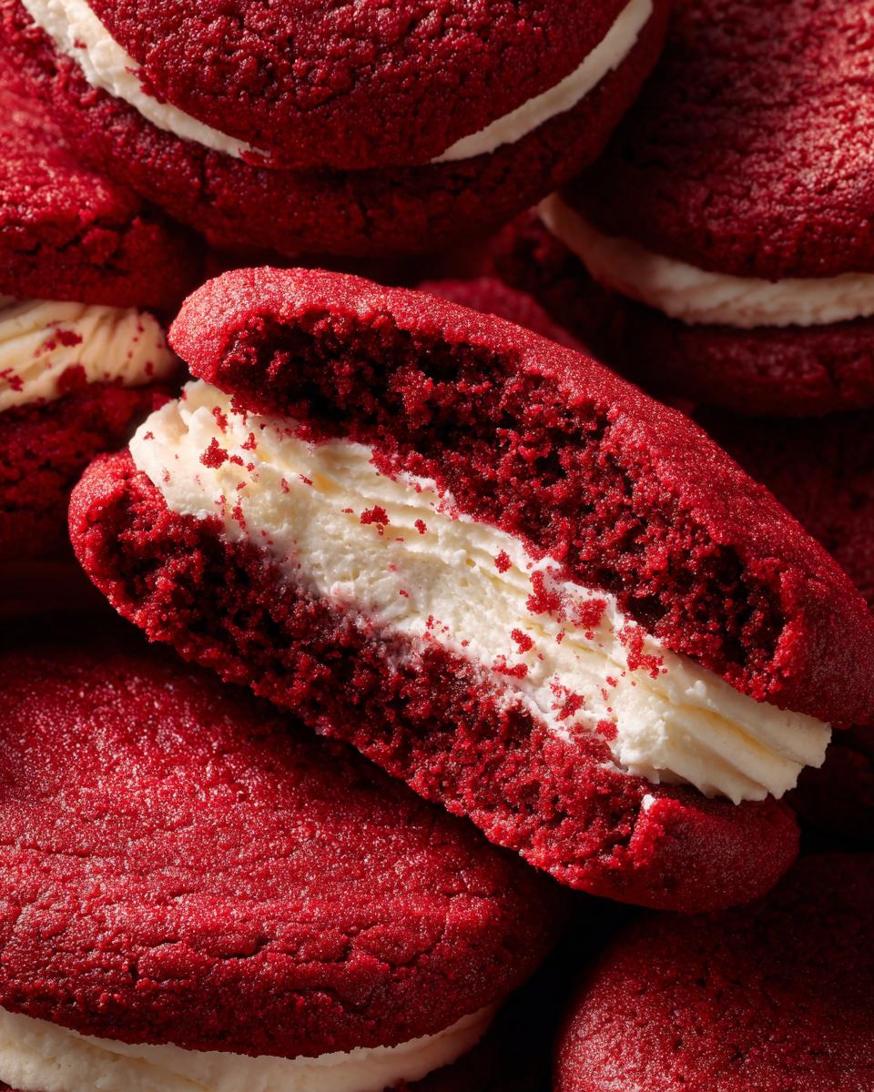 Close-up of a stack of vibrant red velvet cookies, with one cookie broken open to reveal a creamy white filling.