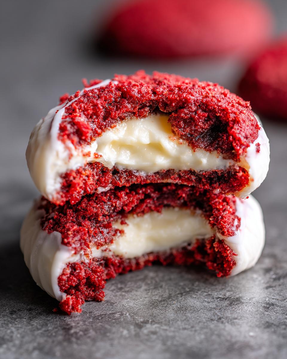 Close-up of two red velvet cookies stacked, showing a creamy white filling between them and a crumbly red exterior.