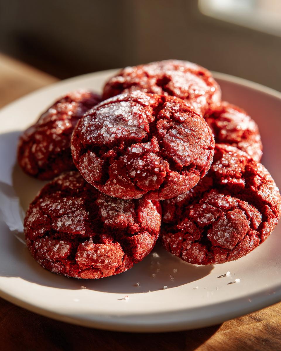 A close-up of a pile of freshly baked Red Velvet Crinkle Cookies, dusted with powdered sugar.