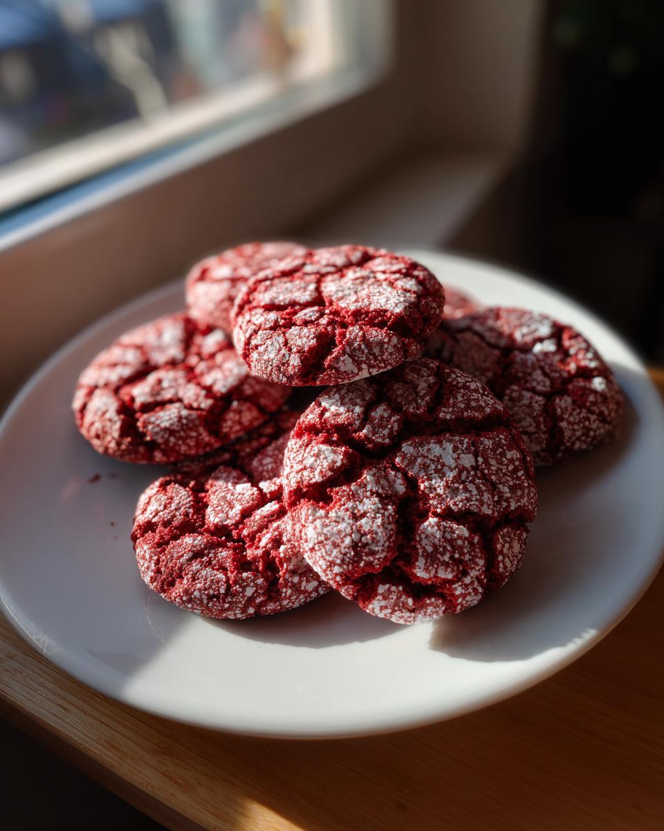 A pile of vibrant red velvet crinkle cookies dusted with powdered sugar on a white plate.