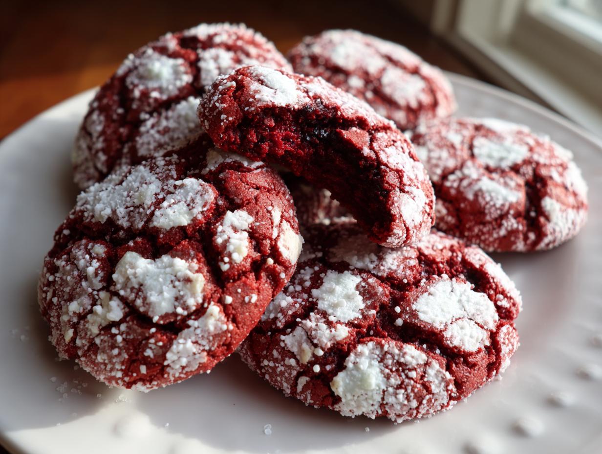 A pile of freshly baked Red Velvet Crinkle Cookies dusted with powdered sugar on a white plate.