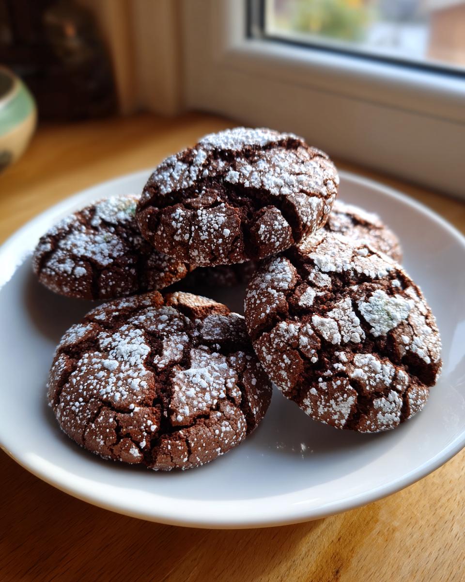 A plate of freshly baked Red Velvet Crinkle Cookies, dusted with powdered sugar.