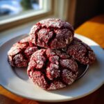 A close-up of four Red Velvet Crinkle Cookies dusted with powdered sugar on a white plate.