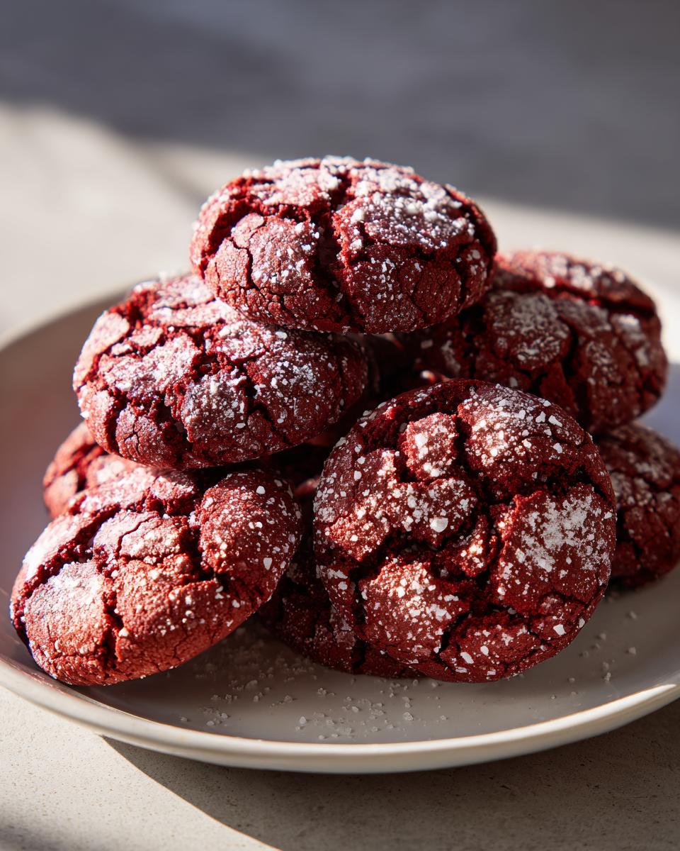 A stack of delicious Red Velvet Crinkle Cookies dusted with powdered sugar on a white plate.