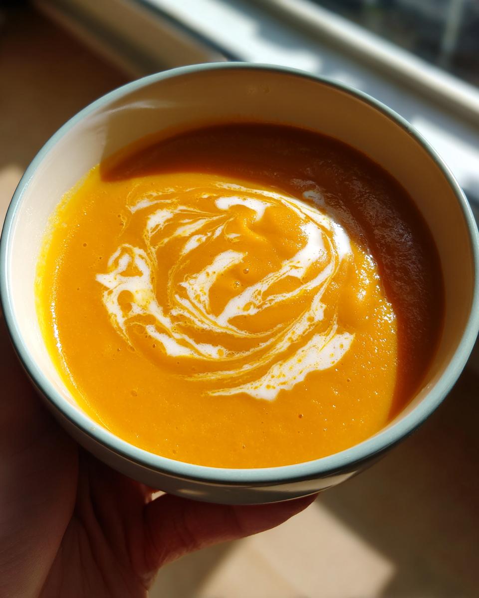Close-up of a bowl of Roasted Butternut Squash Soup with a swirl of cream.