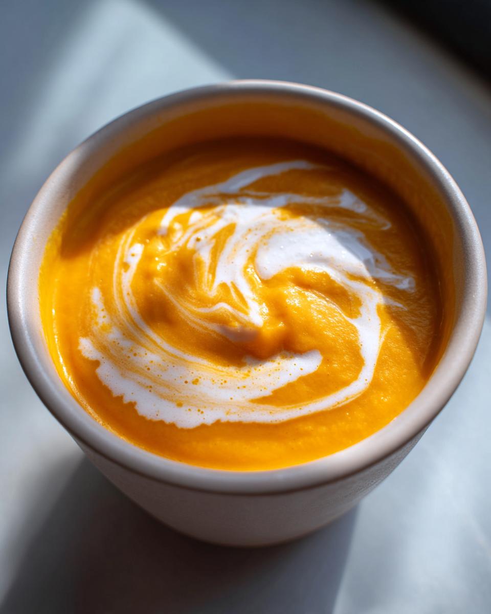 Close-up of a bowl of creamy Roasted Butternut Squash Soup, swirled with cream.