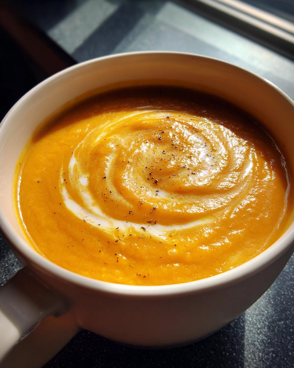Bowl of creamy Roasted Butternut Squash Soup with a swirl of cream.