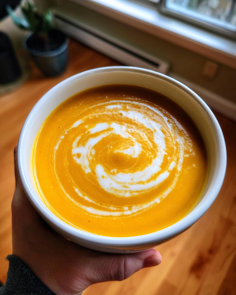 Bowl of creamy Roasted Butternut Squash Soup with a swirl of cream.