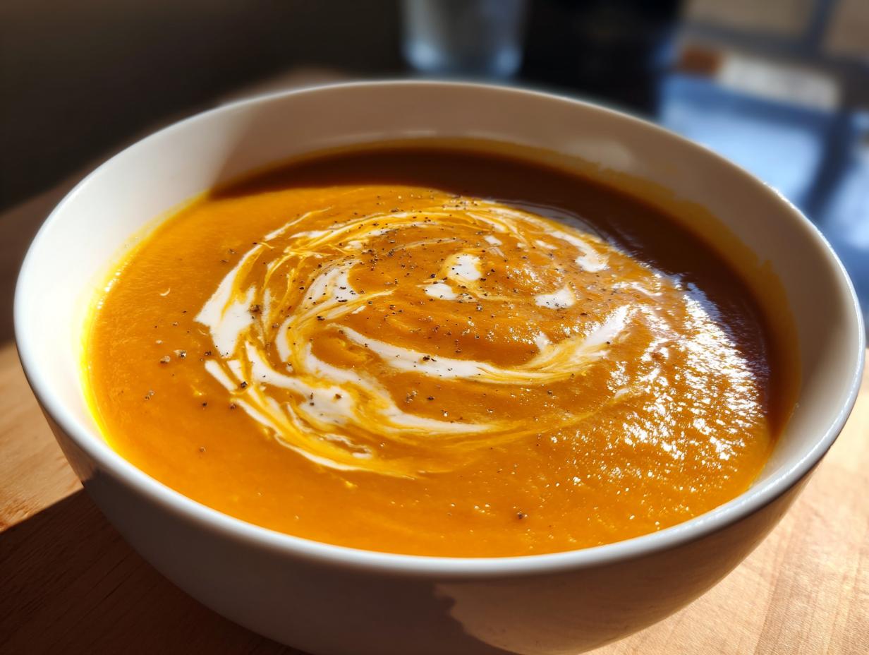 Close-up of a bowl of creamy Roasted Butternut Squash Soup, swirled with cream and pepper.