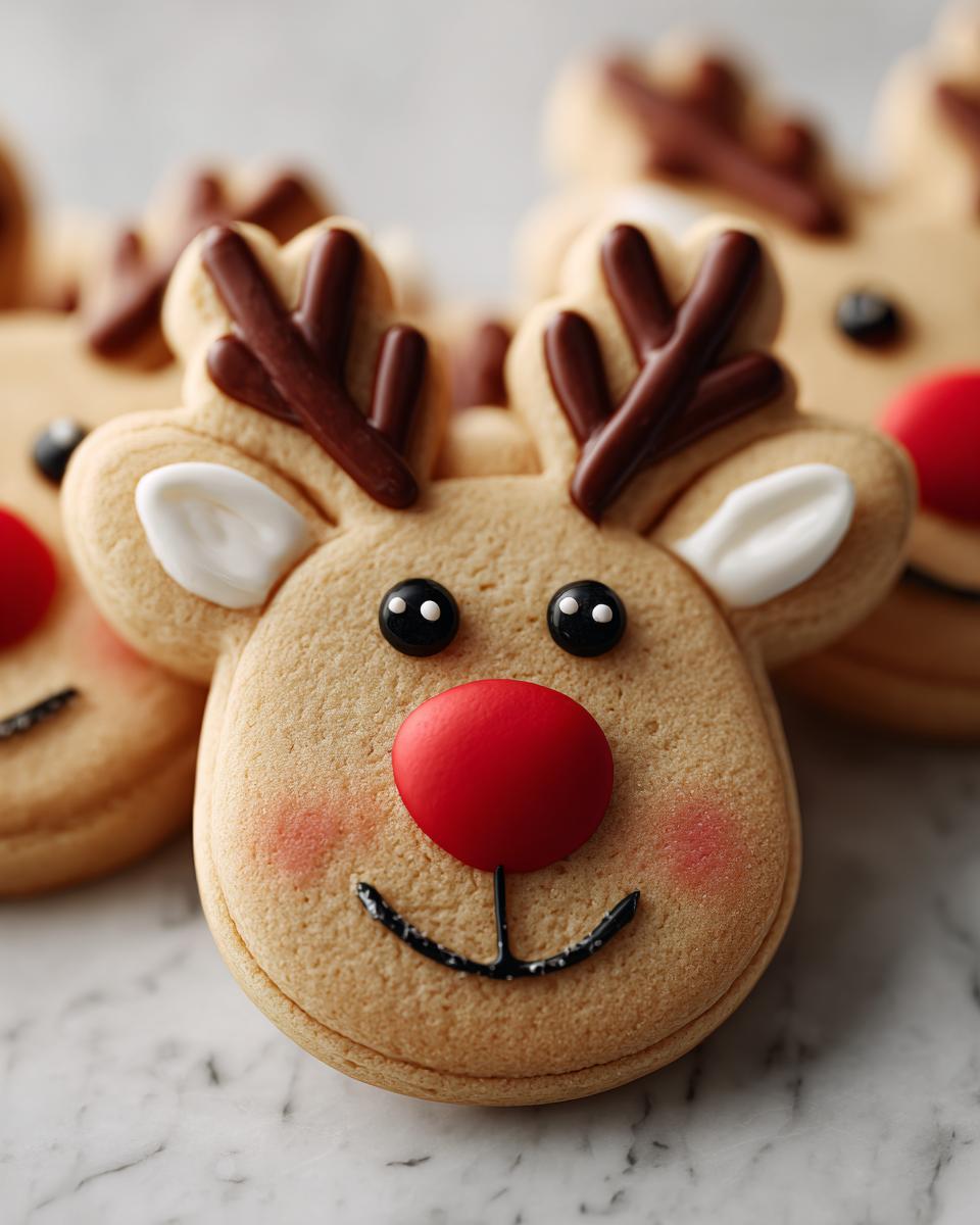 Close-up of decorated Rudolph the Red-Nosed Reindeer sugar cookies with red noses, black eyes, and chocolate antlers.