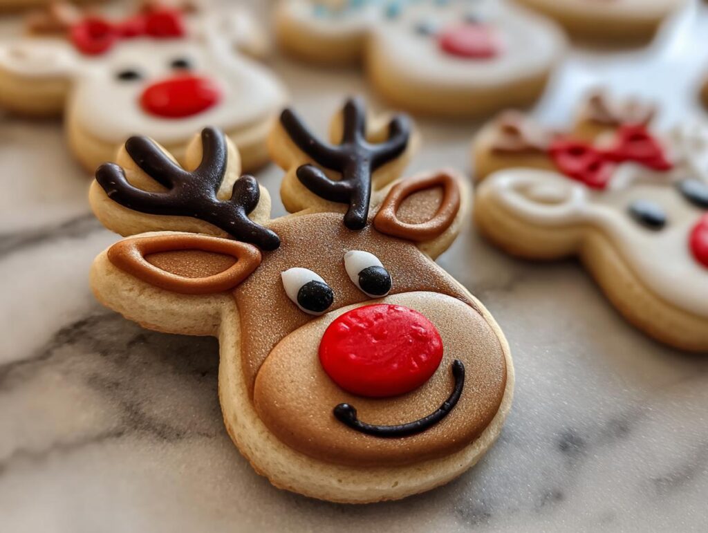 Close-up of a decorated Rudolph the Red-Nosed Reindeer sugar cookie with a shiny red nose and chocolate antlers.