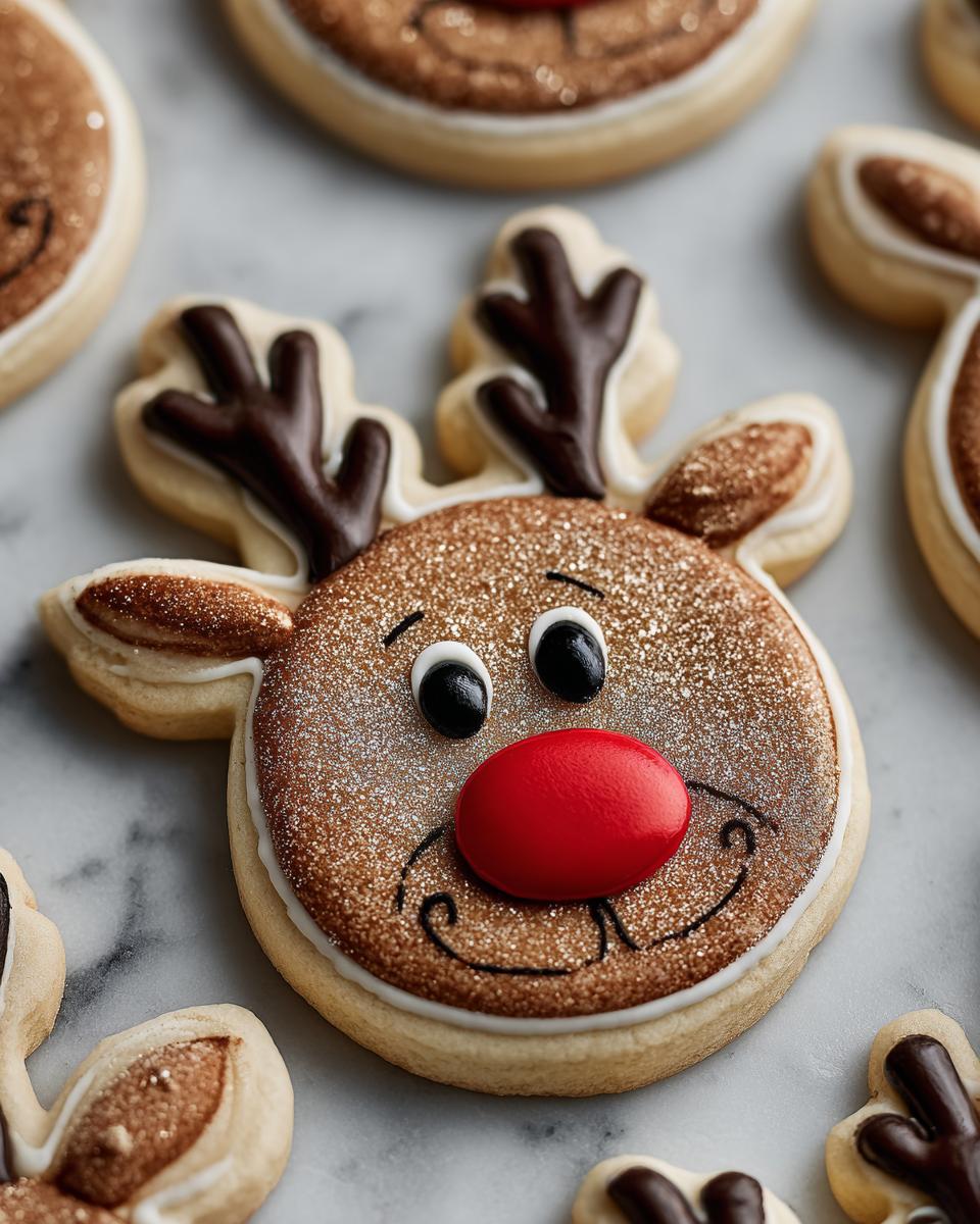Close-up of a decorated Rudolph the Red-Nosed Reindeer sugar cookie with a shiny red nose and sparkling antlers.
