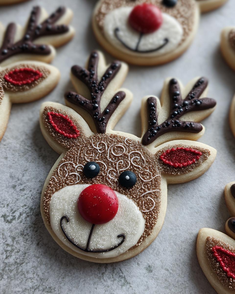 Close-up of decorated Rudolph the Red-Nosed Reindeer Sugar Cookies with red noses and sparkly antlers.