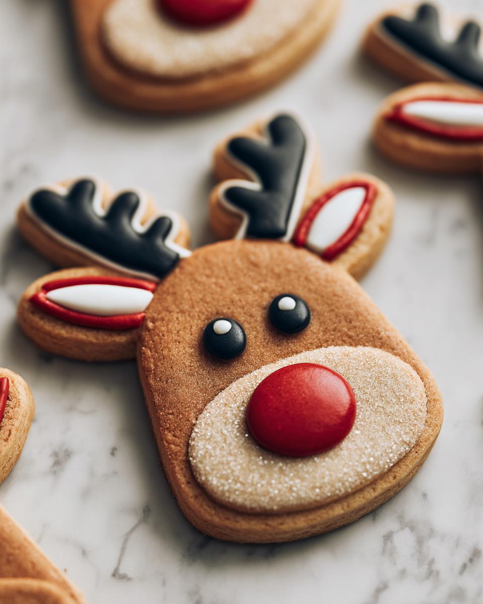 Close-up of decorated Rudolph the Red-Nosed Reindeer sugar cookies with black antlers and a red nose.