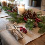 Close-up of a rustic Christmas table setting with pinecones, evergreen branches, berries, and a candle.