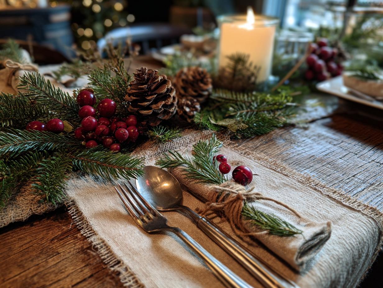 Close-up of a rustic Christmas table setting with pinecones, berries, evergreen branches, and silverware on a burlap runner.