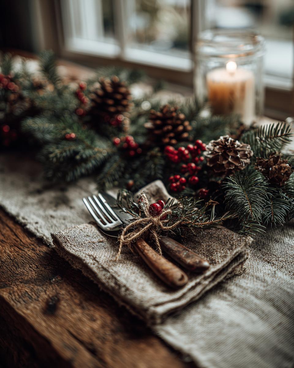A rustic Christmas table setting featuring cutlery tied with twine on a linen napkin, adorned with pine sprigs, berries, and pinecones.