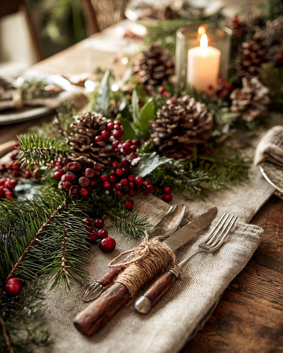 Close-up of a rustic Christmas table setting featuring a pinecone and berry garland, a lit candle, and cutlery tied with twine.