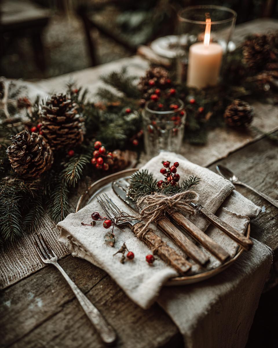 A rustic Christmas table setting featuring a plate with cutlery tied with twine, pinecones, evergreen branches, and red berries.