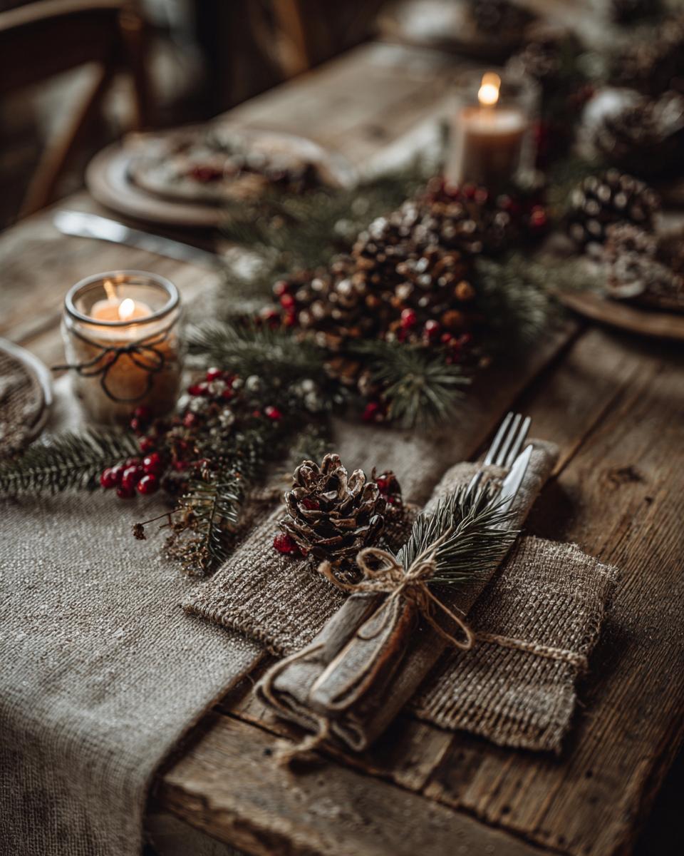 A close-up of a Rustic Christmas Table Setting featuring pinecones, berries, evergreen sprigs, and a candle.