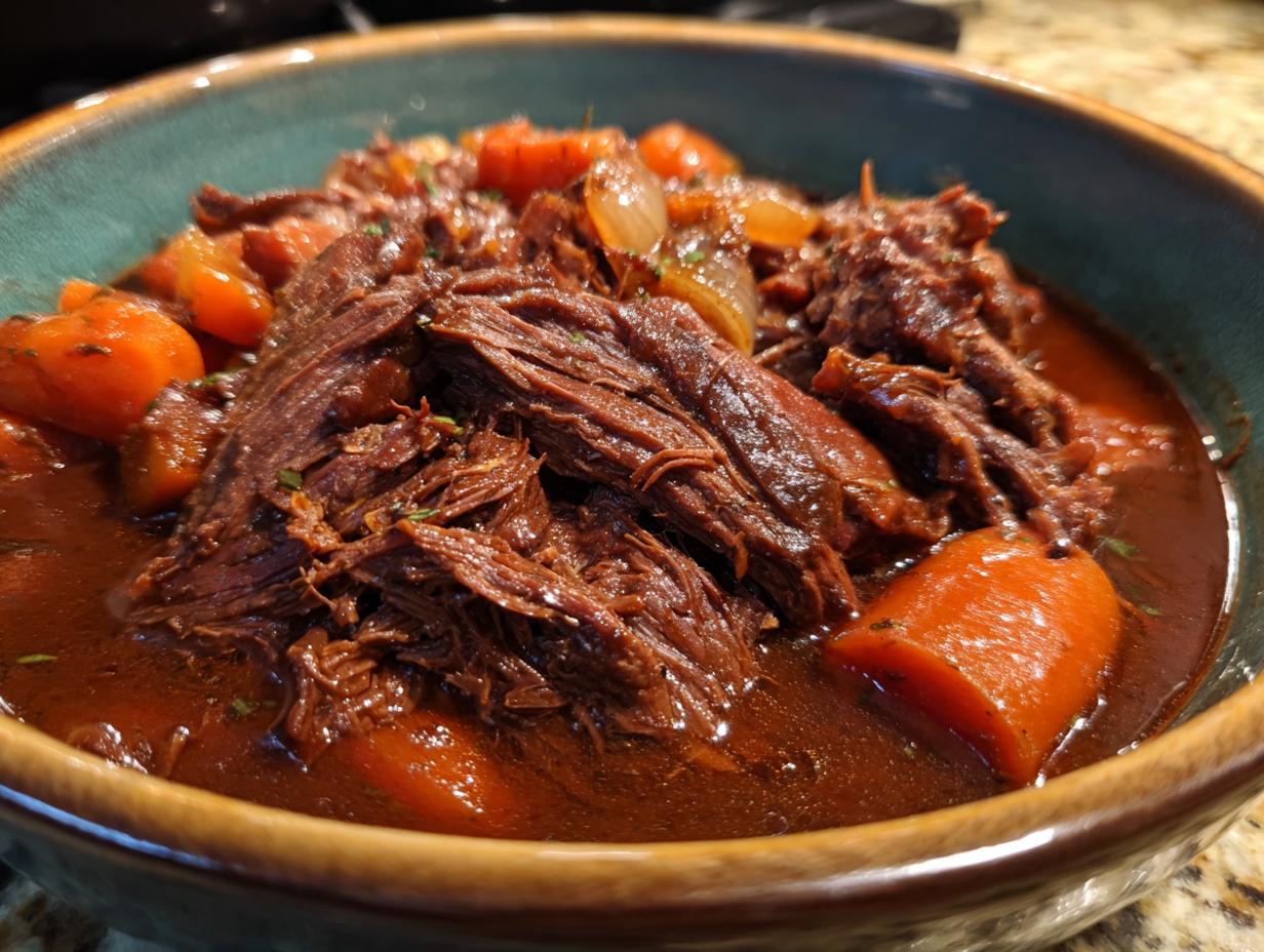 Close-up of a bowl filled with Rustic Red Wine Pot Roast, carrots, and onions.