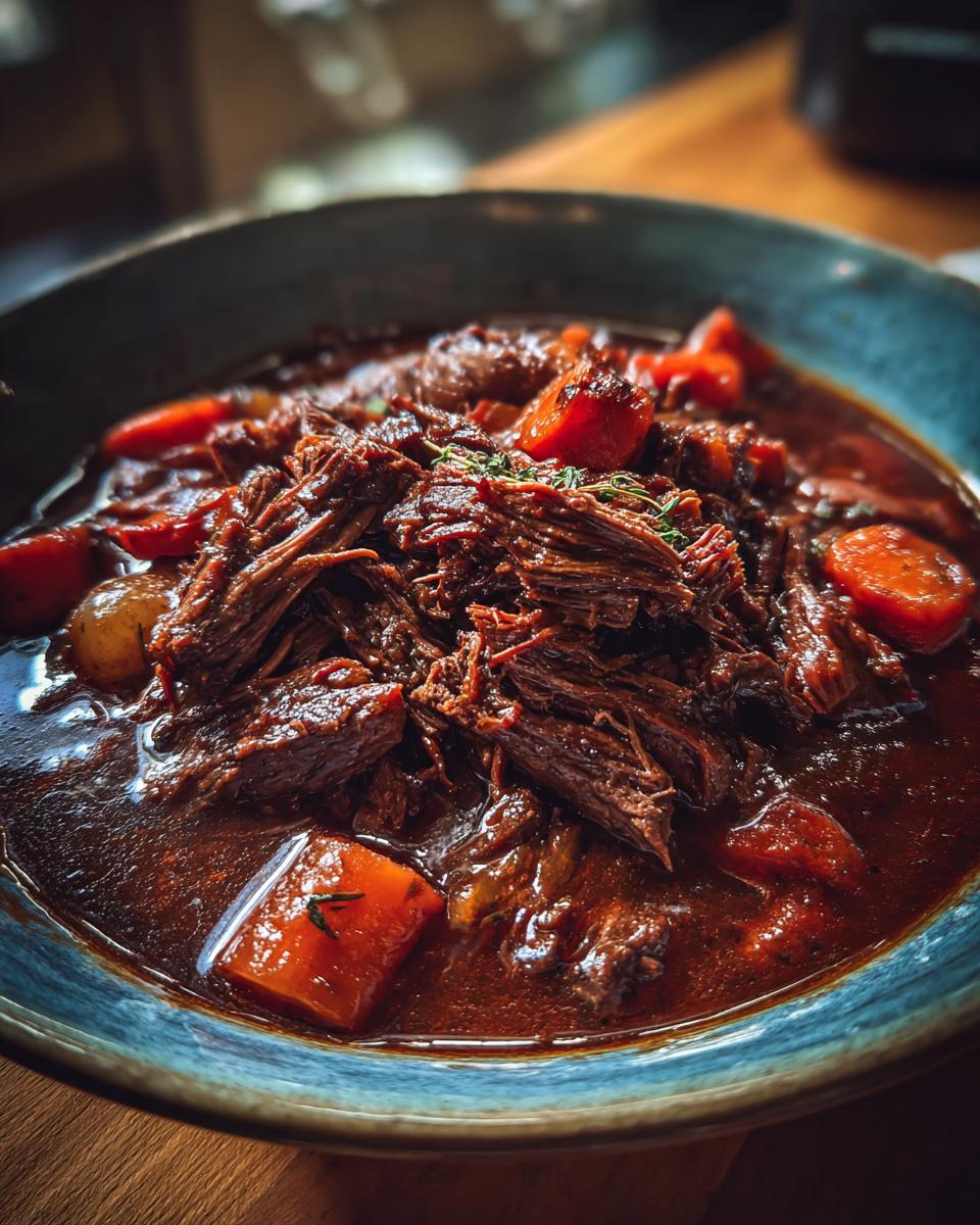 Close-up of a bowl of Rustic Red Wine Pot Roast with carrots, potatoes, and shredded beef.