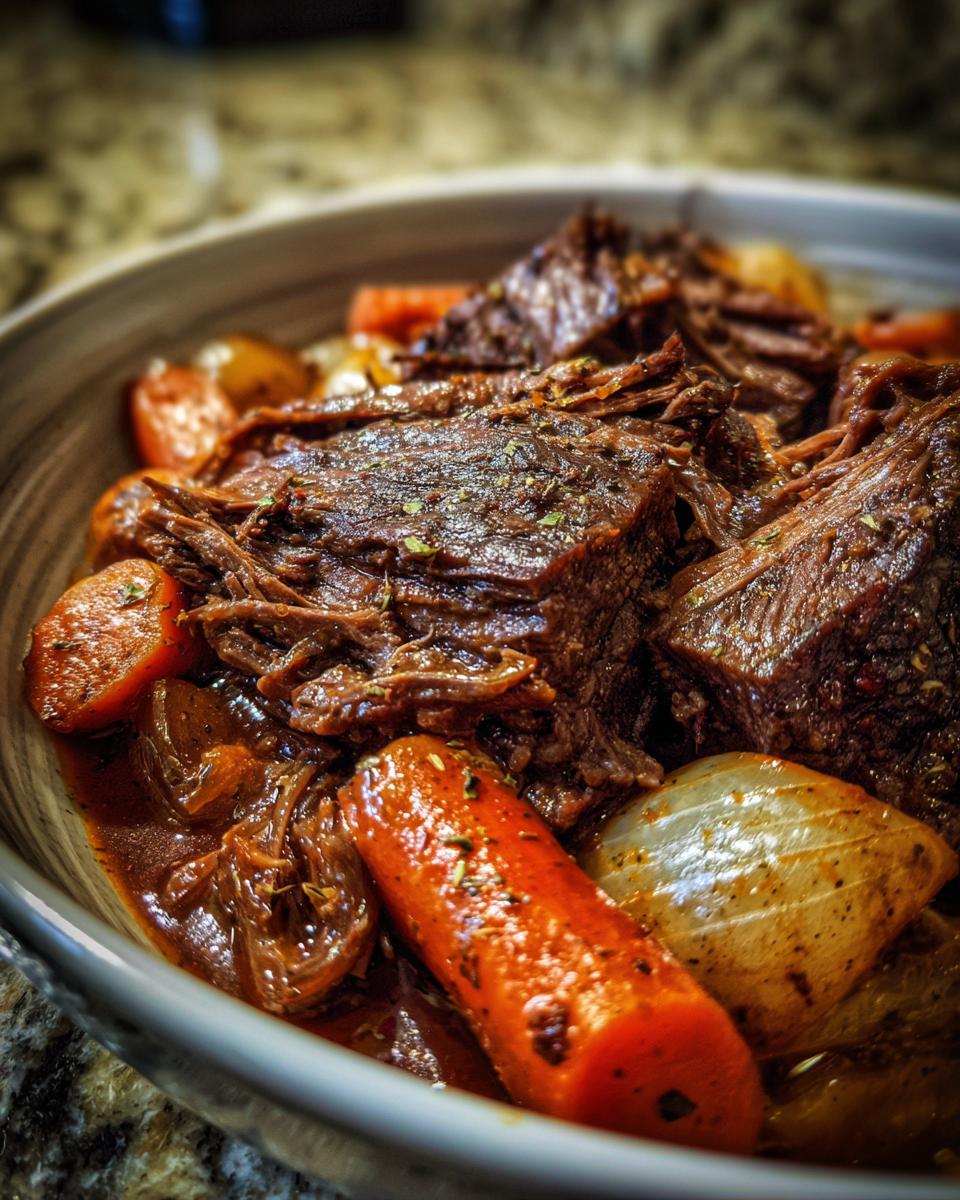 Close-up of a bowl filled with Rustic Red Wine Pot Roast, carrots, onions, and meat.