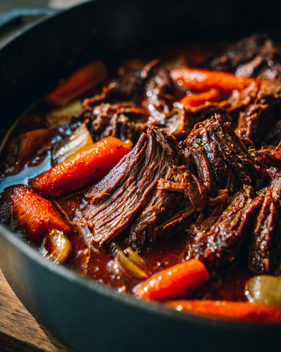 Close-up of a Rustic Red Wine Pot Roast with carrots and onions in a dark pot.