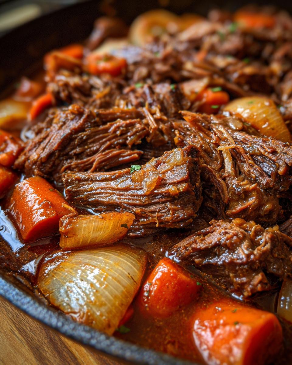 Close-up of a Rustic Red Wine Pot Roast with carrots, onions, and tender beef in a rich sauce.