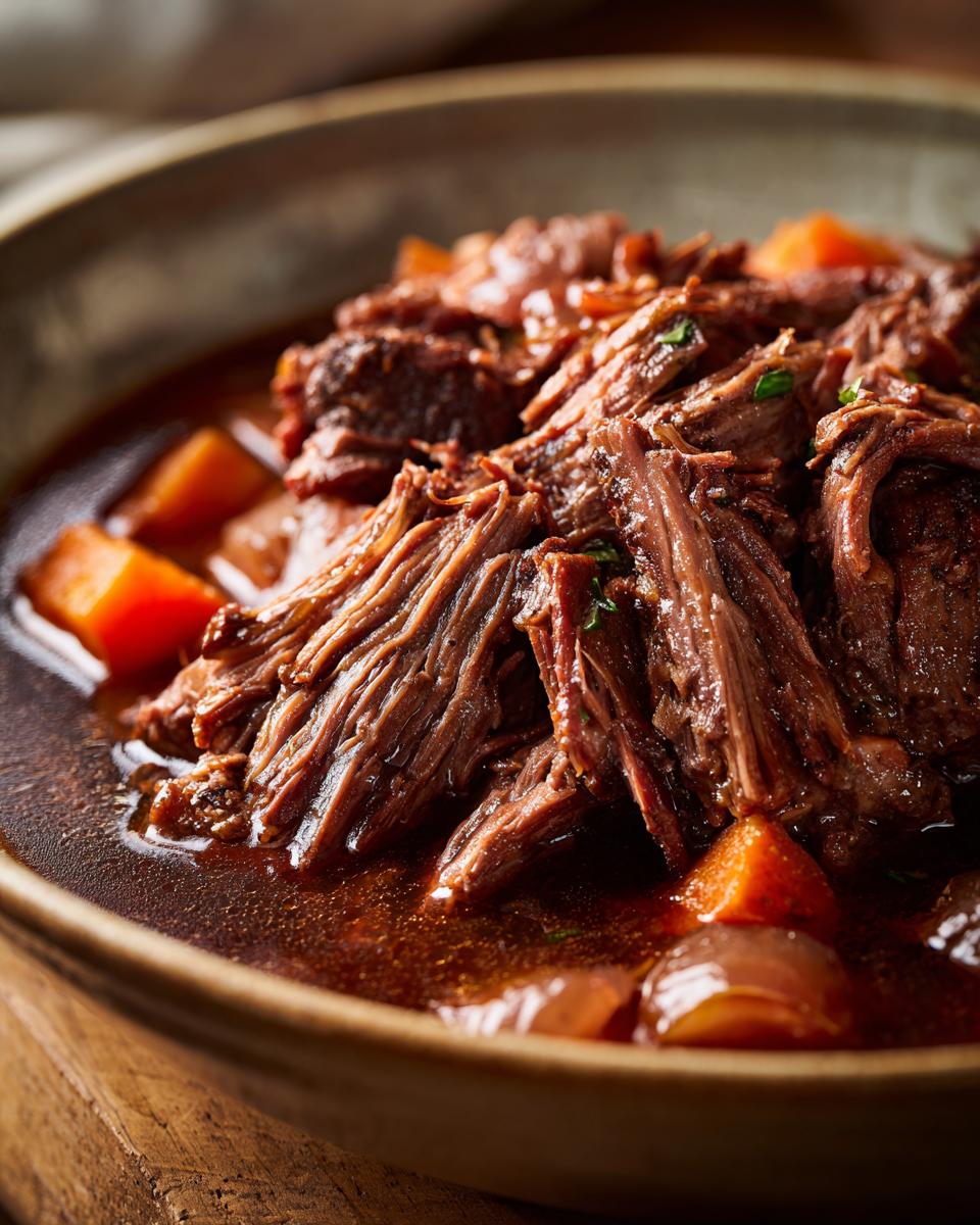 Close-up of a bowl of Rustic Red Wine Pot Roast, with tender meat and vegetables.