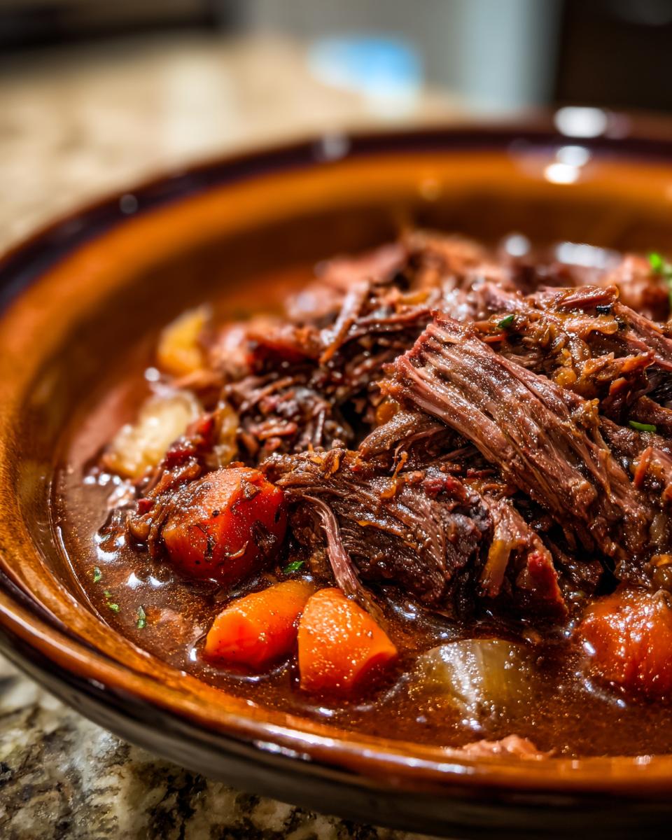 Close-up of a bowl of Rustic Red Wine Pot Roast with carrots and tender beef.