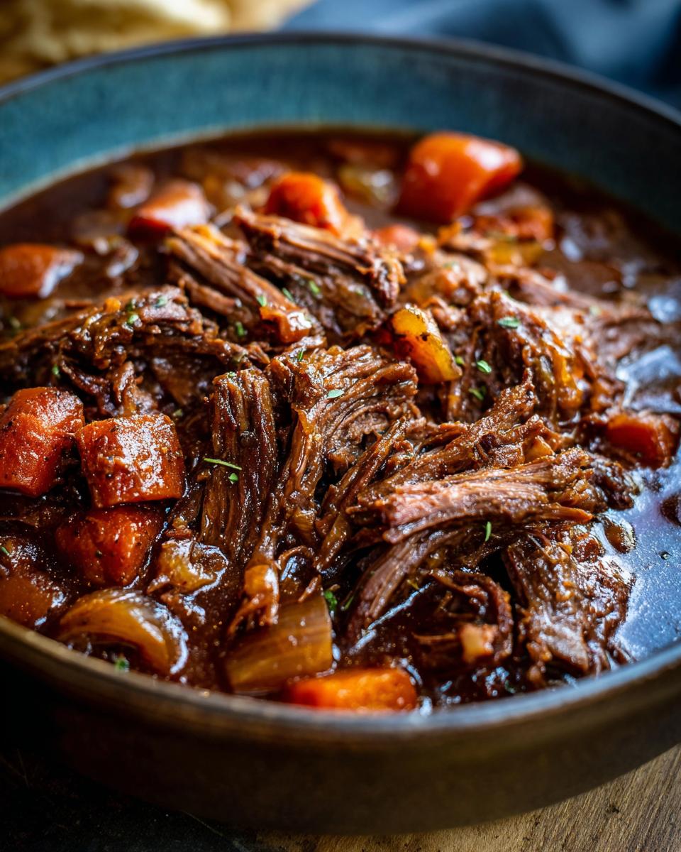 Close-up of a bowl filled with Rustic Red Wine Pot Roast, carrots, and onions.