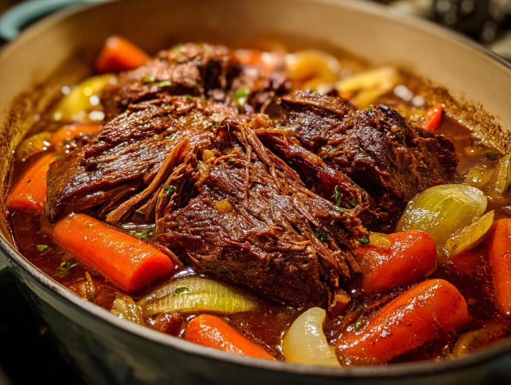 Close-up of a Rustic Red Wine Pot Roast with carrots and onions in a Dutch oven.