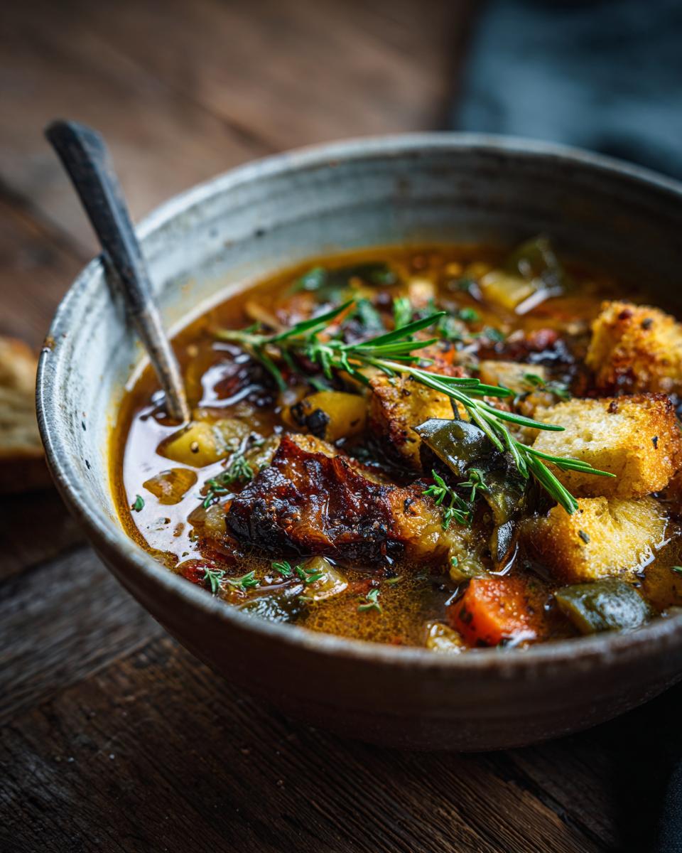 Close-up of a bowl of Rustic Vegetable Minestrone with croutons and herbs.