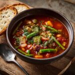 Close-up of a bowl of Rustic Vegetable Minestrone soup with crusty bread on a wooden board.
