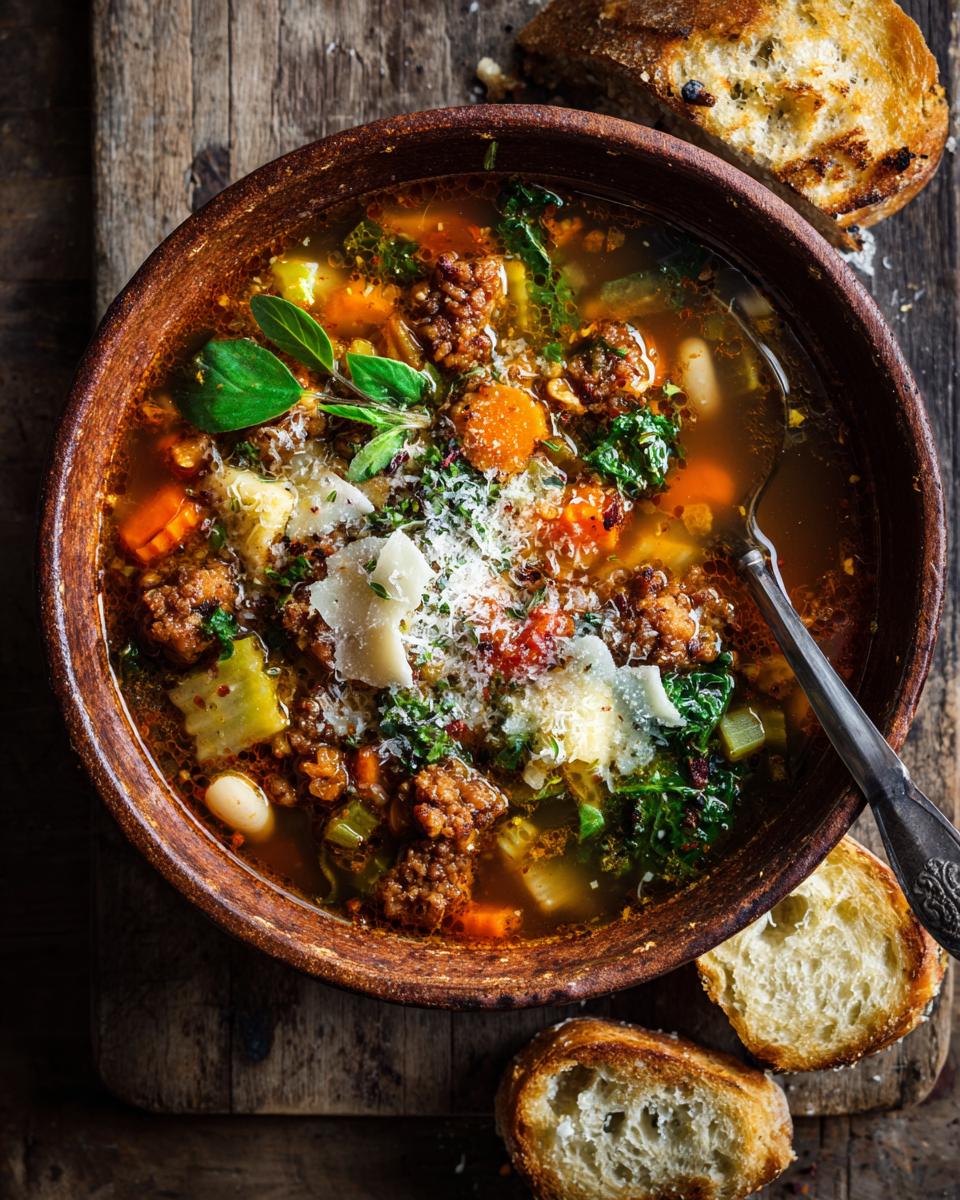 Overhead shot of a bowl of Rustic Vegetable Minestrone soup with bread on a wooden surface.