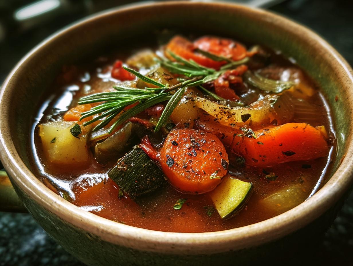 Close-up of a bowl of Rustic Vegetable Minestrone soup with carrots, zucchini, and herbs.
