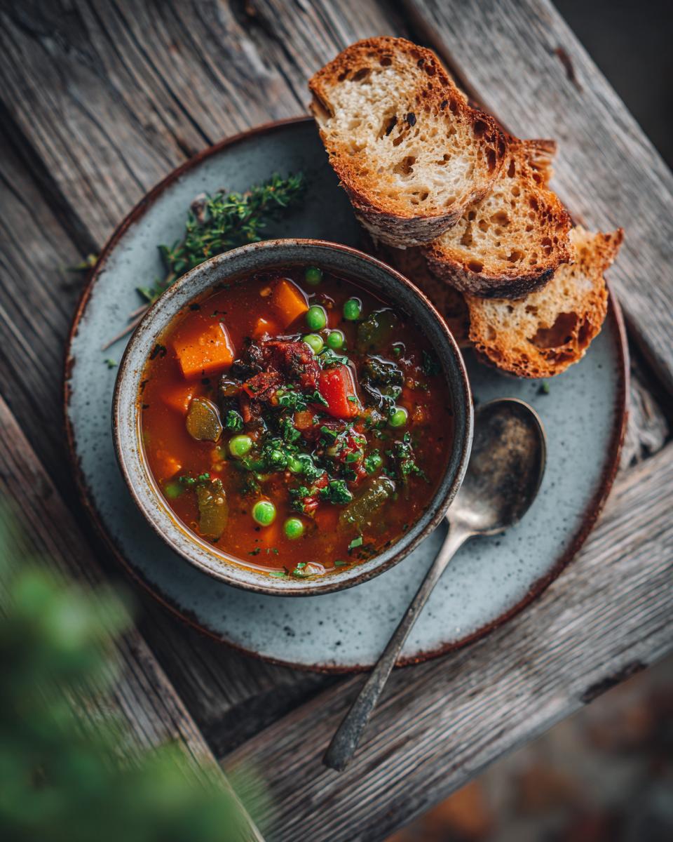 Bowl of Rustic Vegetable Minestrone soup with toasted bread on a rustic wooden table. The Rustic Vegetable Minestrone is full of vegetables.