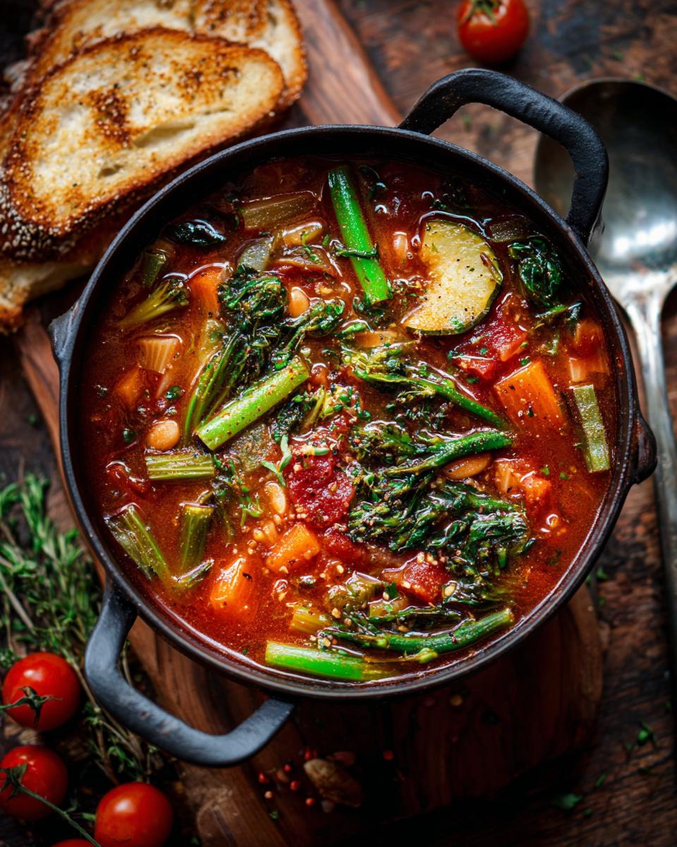 Overhead shot of a pot of Rustic Vegetable Minestrone soup with bread and tomatoes.