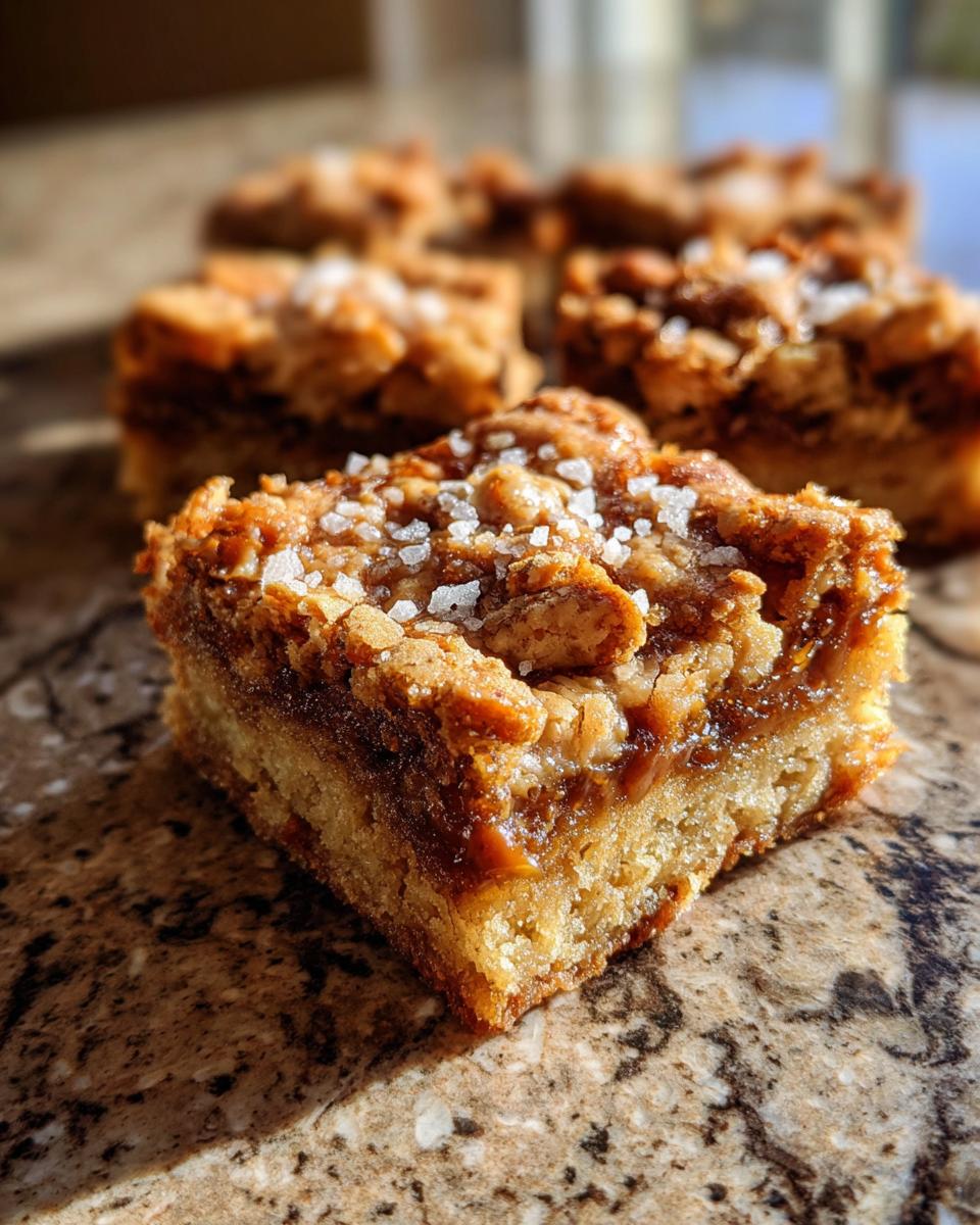 Close-up of a Salted Caramel Pretzel Blondie, topped with sea salt, on a marble surface.