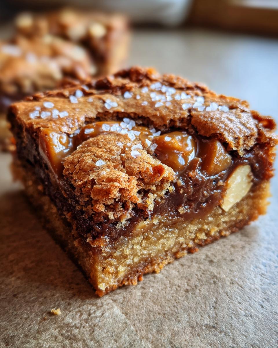Close-up of a Salted Caramel Pretzel Blondie slice, showing caramel, pretzels, and sea salt.