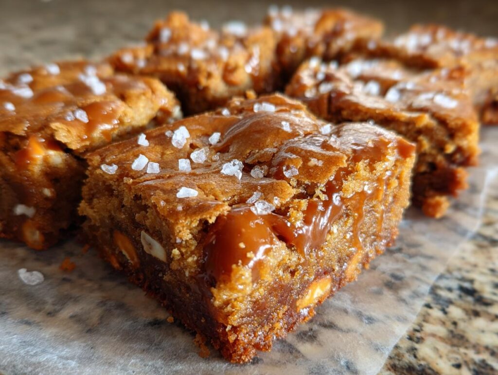 Close-up of Salted Caramel Pretzel Blondies with caramel drizzle and sea salt.